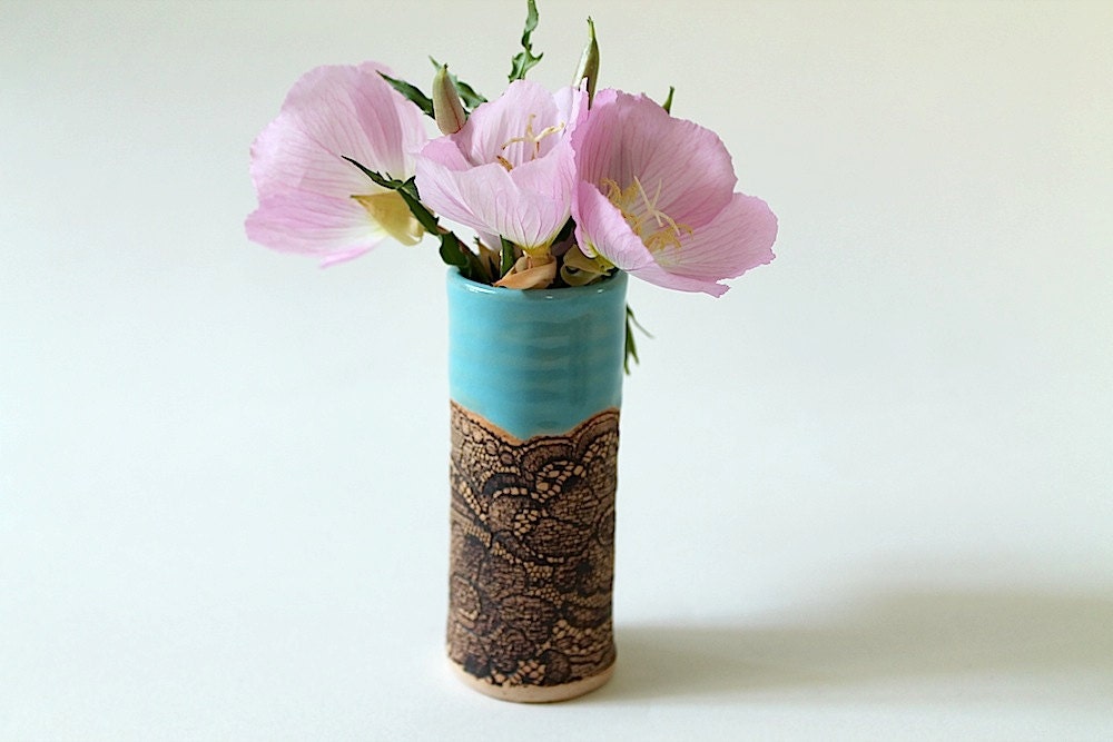 Made to Order: Handmade Turquoise Mini Vase in Scalloped Lace Pattern
