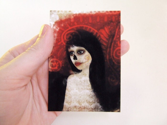 ACEO/ATC "Dia de los Muertos" Artists Trading Card Premium Fine Art Mini Print 2.5x3.5 - Halloween Holiday Skull Skeleton Woman