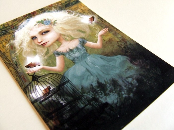 ACEO/ATC "If You Love Them, Set Them Free" Fantasy Themed Girl with Flying Turtles Artists Trading Card Mini Premium Fine Art Print 2.5x3.5
