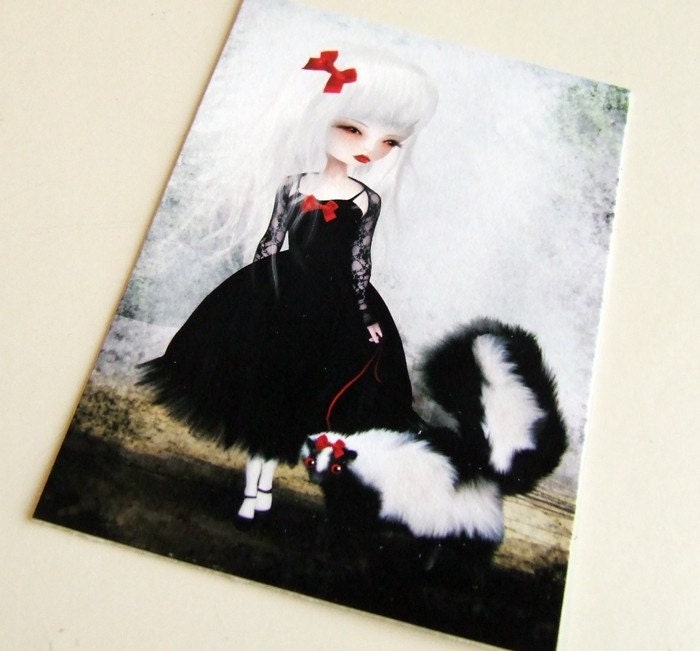 ACEO/ATC Mini Fine Art Print "Take Warning" Artist Trading Card 2.5x3.5 - Lowbrow Art Painting Girl Black and White Skunk Gothic Lolita Red