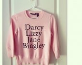 Pride and Prejudice characters hand stenciled sweater OOAK upcycled blush pink and black  fits up to S