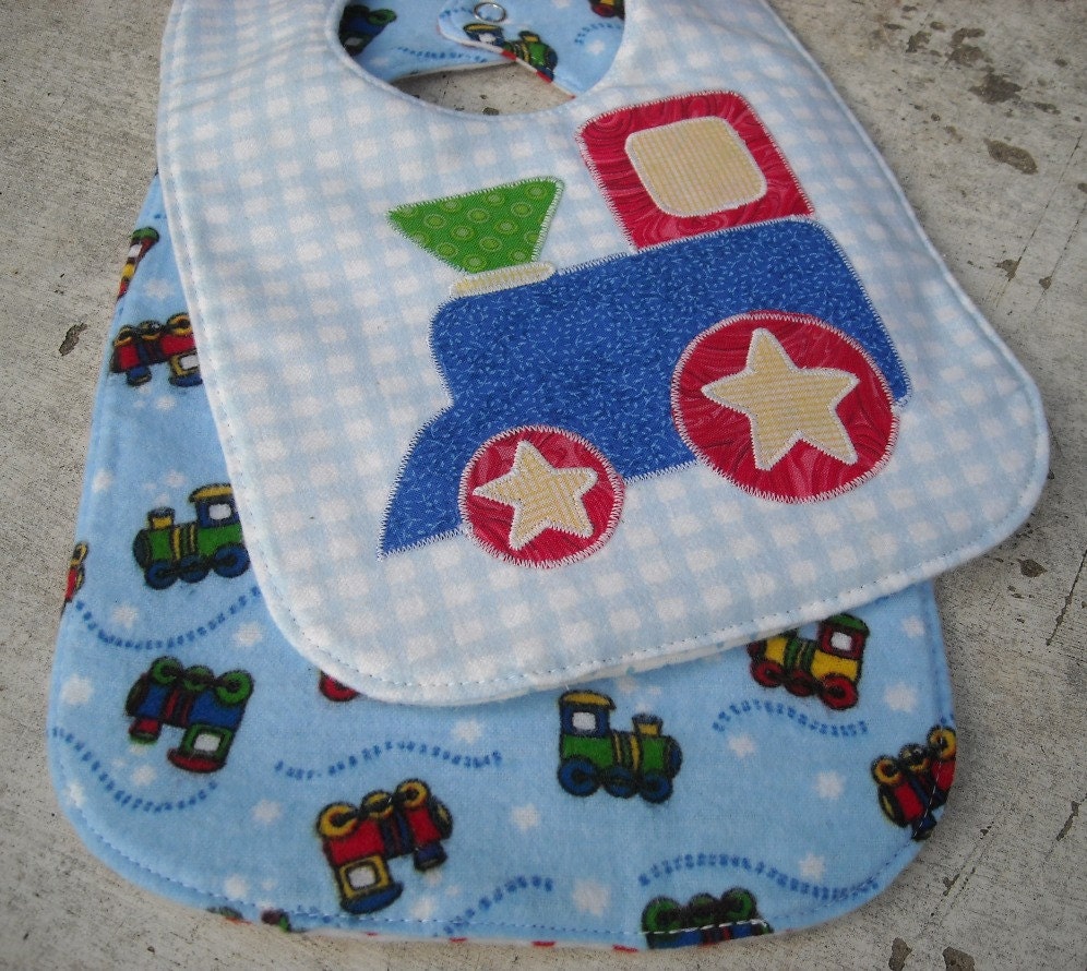 Baby Boy Gift Set, 2 Triple Layer Bibs One with Applique Train Engine.  Flannel