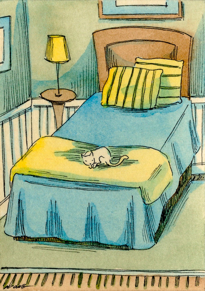 Original ACEO Painting -- Nap on the bed