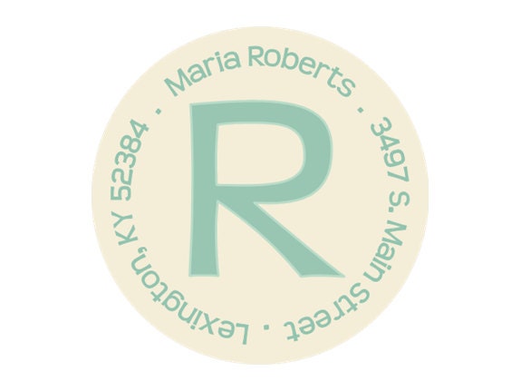 Return address labels, stickers, tags, envelope seals, round--teal initial