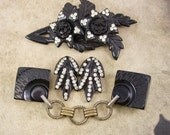 Vintage Mourning Black HUGE brooch Earrings sash belt cape clasp Gothic medieval