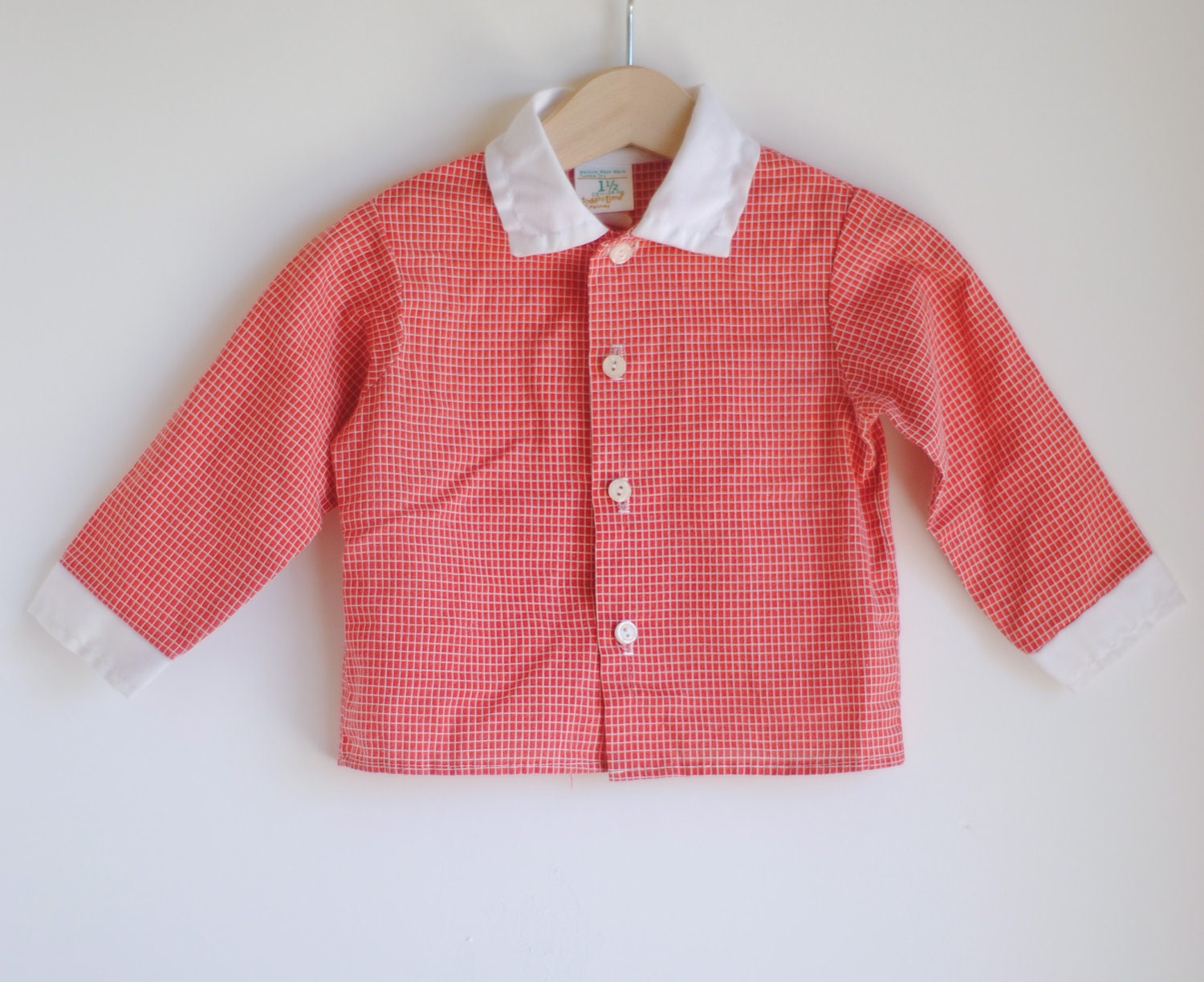 Vintage Toddler Button Up Shirt - Orange Grid Print (18m)
