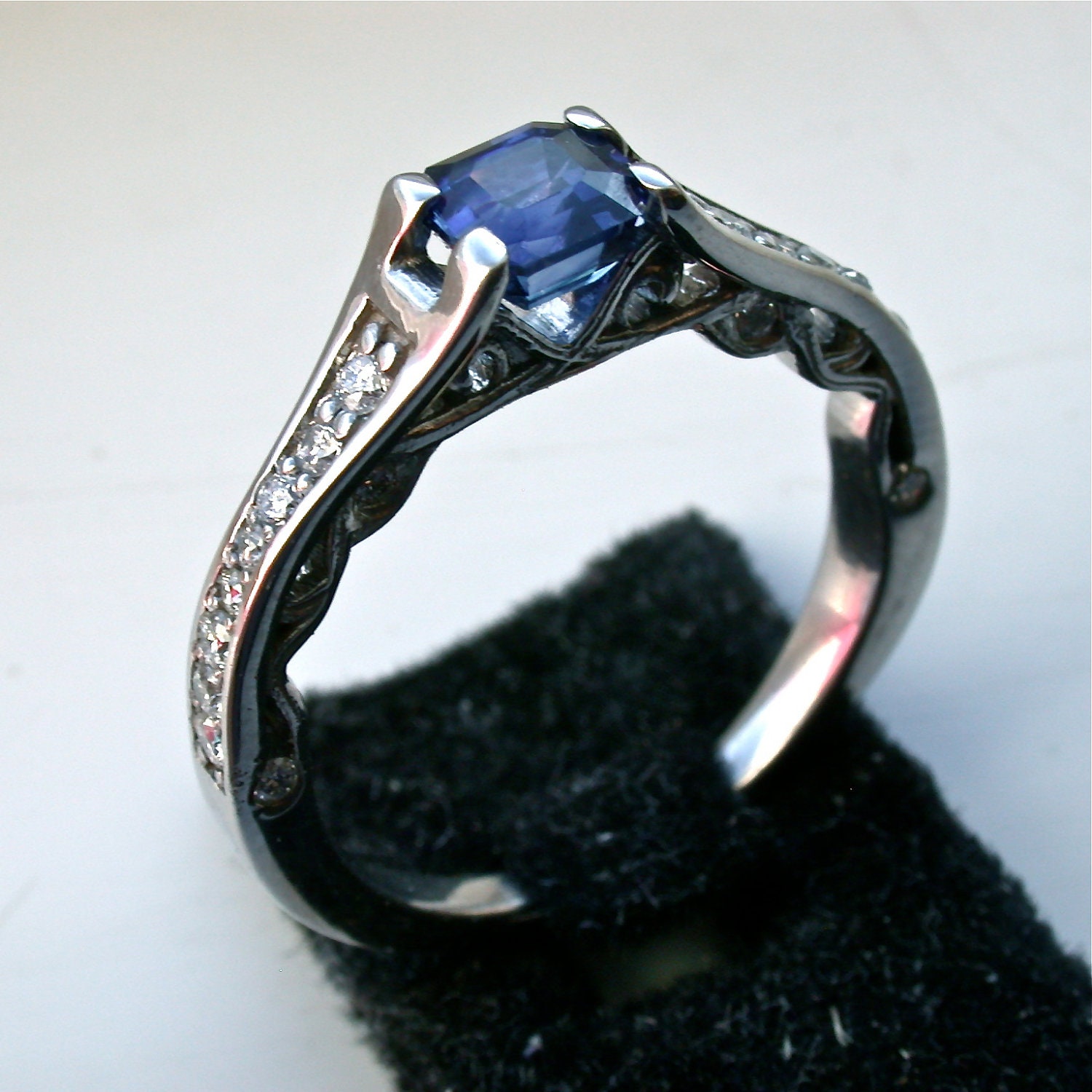 Princess cut Sapphire and Diamond Handmade Custom in White Gold- Vines