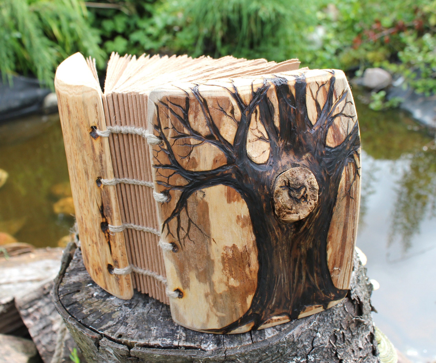 Coptic stich rustic wood journal 7 1/2 x 6 Tree of Life