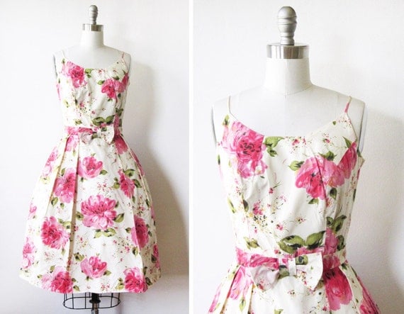 1950s dress / vintage 50s floral party dress / pink and white princess dress