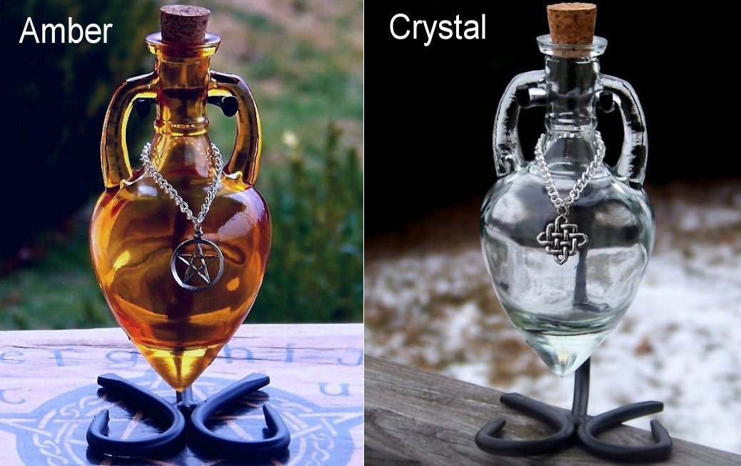 CELTIC WITCH Triquetra Priestess of Avalon Aqua Blue Amphora Magic Potion Bottle, Enchanting Corked Glass Vessel with Sturdy Metal Stand