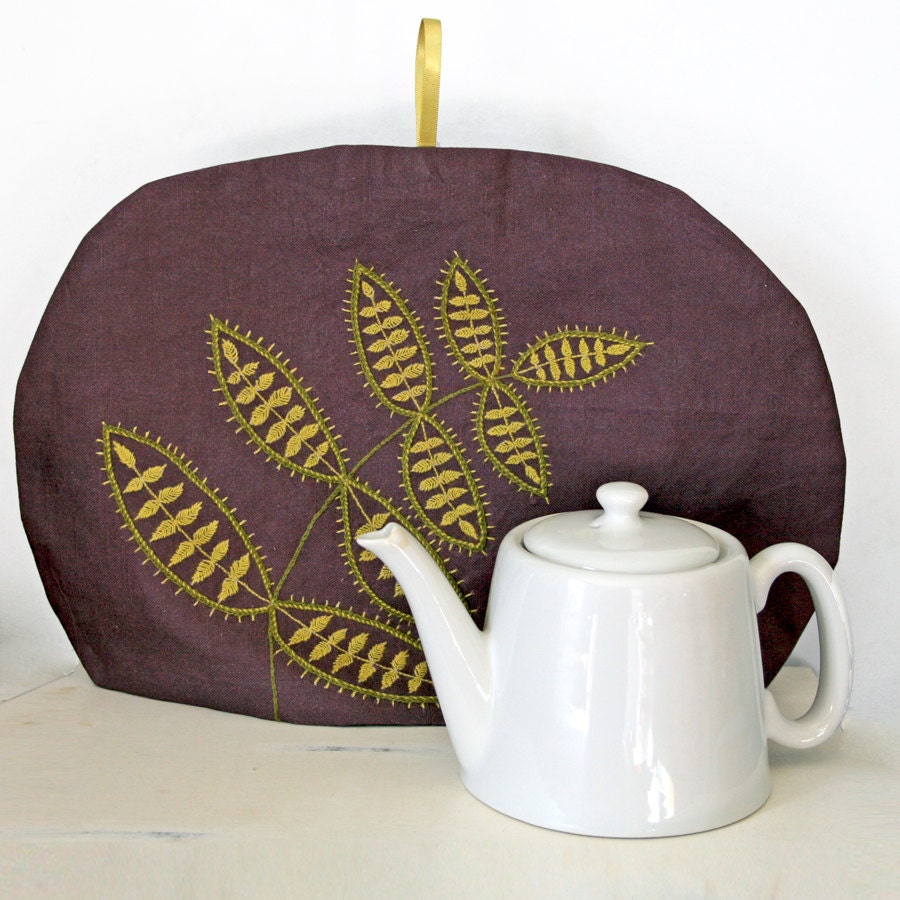 DIY Tea Cozy Crewel Embroidery Kit  Fern Pattern lime green and eggplant