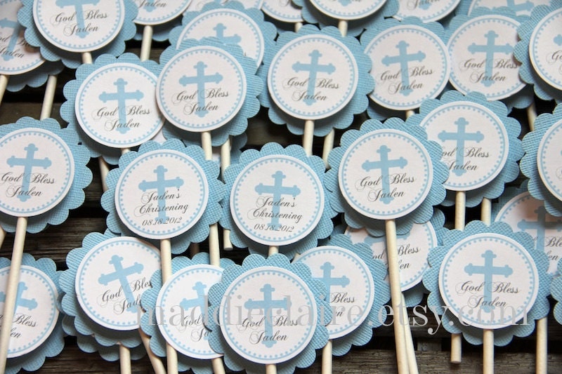Personalized Blue CHRISTENING, BAPTISM or First COMMUNION Cupcake toppers