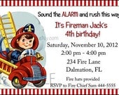 Retro Fire Chief With Ladder Truck Birthday Party Invitation C-353 Digital Download