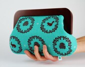 Cocktail pouch - Ornaments in teal - wooden frame clutch bag
