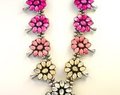 Ombre Squash Blossom Necklace- Hand Cast Sterling Silver and Hand Dyed Swarovski Cabochon Crystal (Pinks)