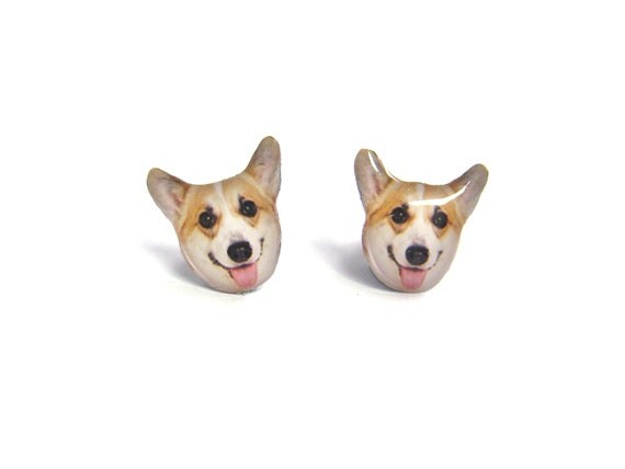 Cute Orange and White Welsh Corgi Dog Stud Earrings - A14E84