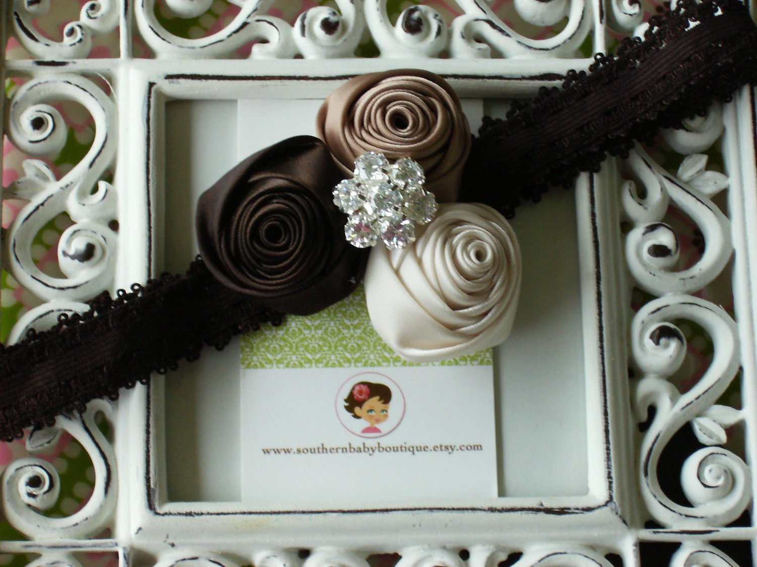 NEW ITEM----Boutique Baby Girl Headband with Rosette Trio----MOCHA----Monte Carlo Collection