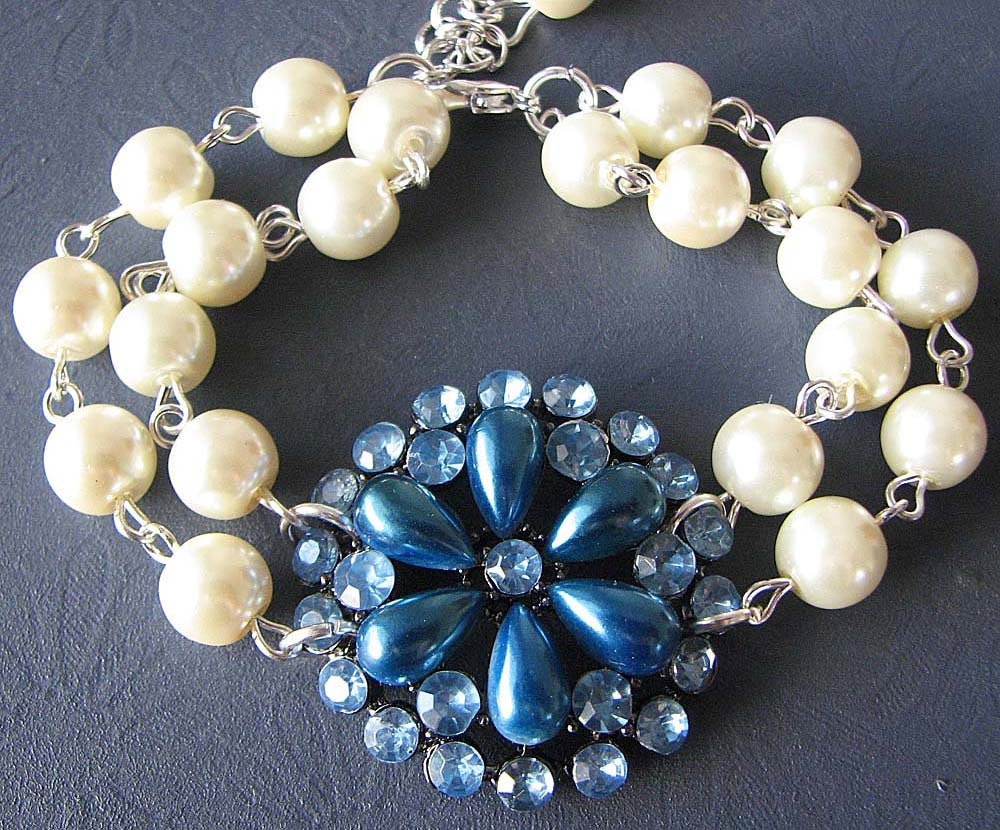 Wedding Jewelry Pearl Beaded Bracelet Navy Blue Jewelry Vintage Style Bridal Jewelry Flower Bracelet