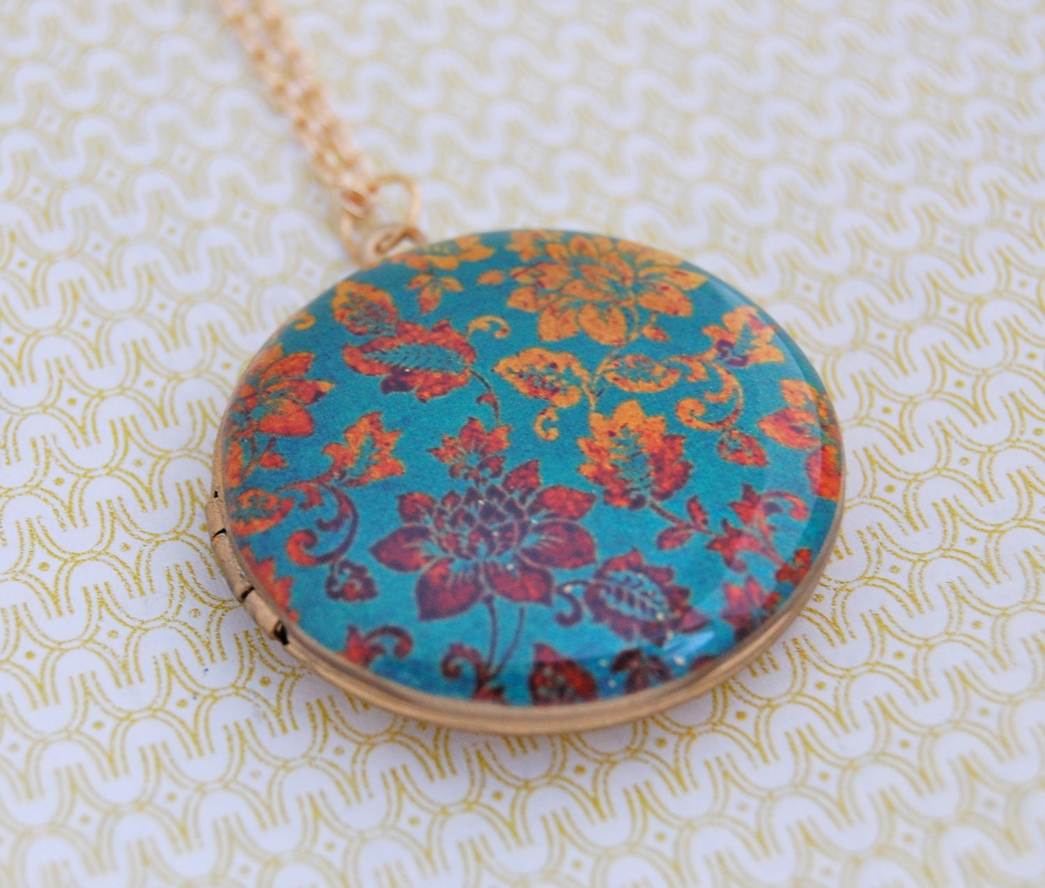 Art Locket Necklace Gold and Turquoise Vintage Inspired Floral Wallpaper Print