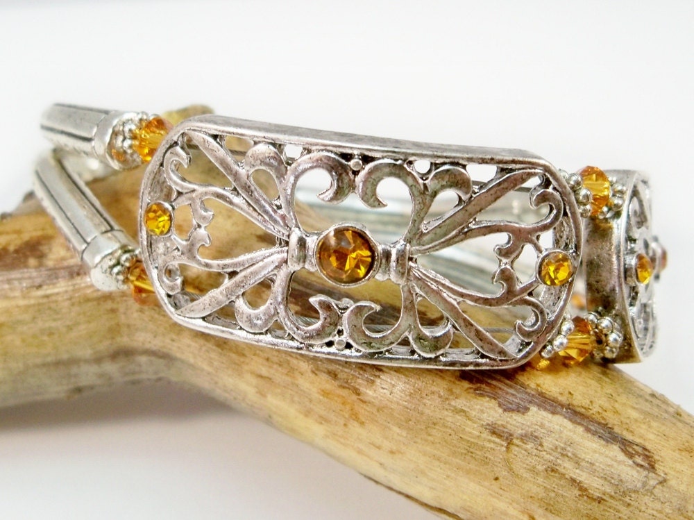 Double Strand Bracelet, Silver Bracelet, Beaded Bracelet, Amber Crystal Bracelet, Birthstone Jewelry, Fashion Jewelry