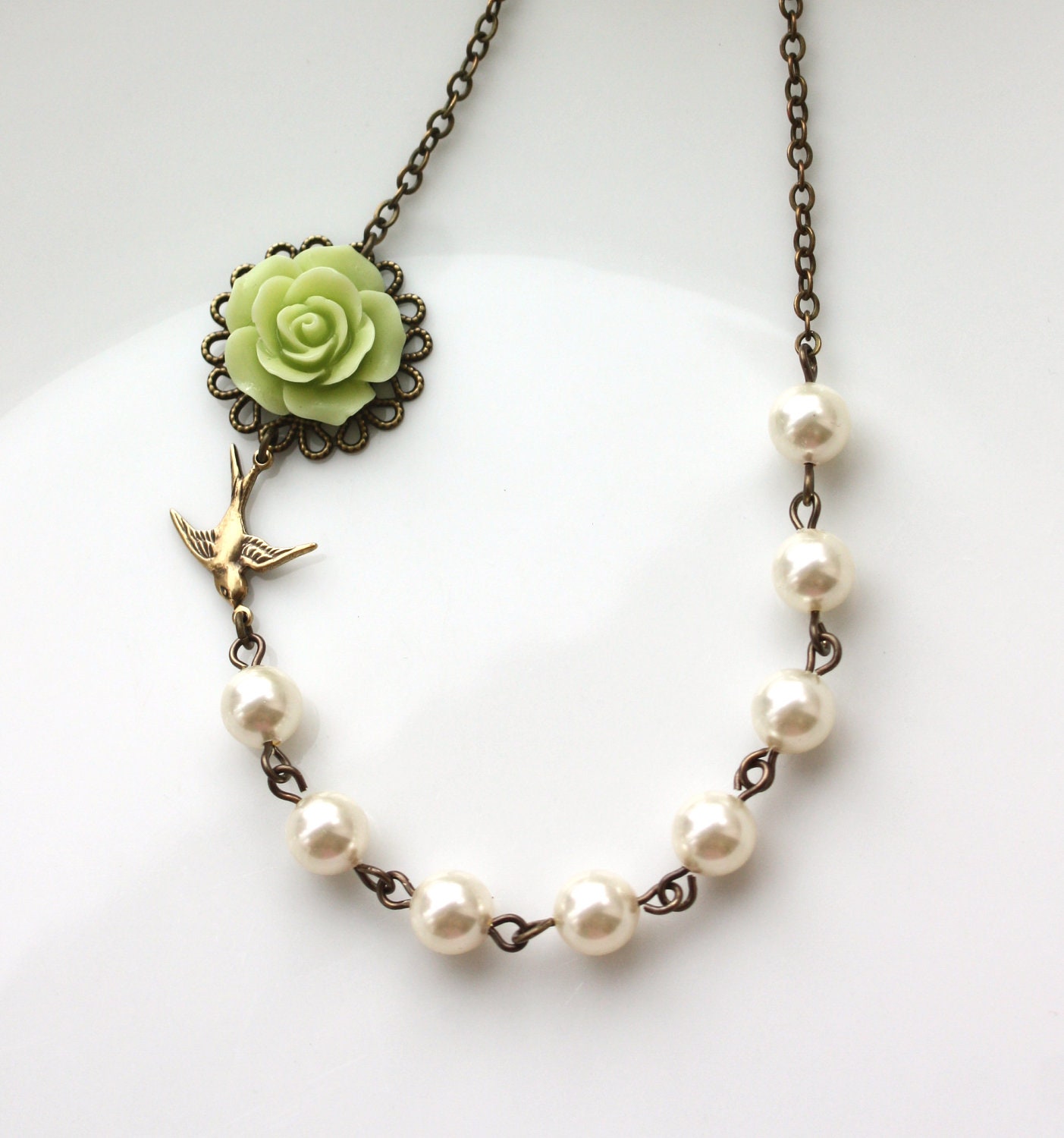 Wedding Jewelry Bridesmaid Necklaces Jewelry Mint Green Lime Green Rose Flower  Flower Bird Swallow Ivory Swarovski Pearls Maid of Honor