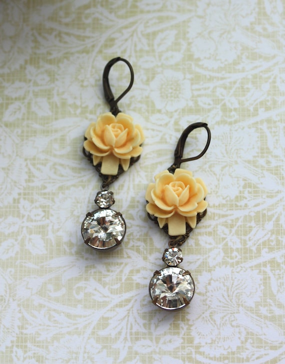An Ivory, Light Yellow Rose, Estate Style Two Jewel, Rhinestone Jewel Earrings. Wedding. Bridesmaid Earrings. Bride. Maid of Honor.