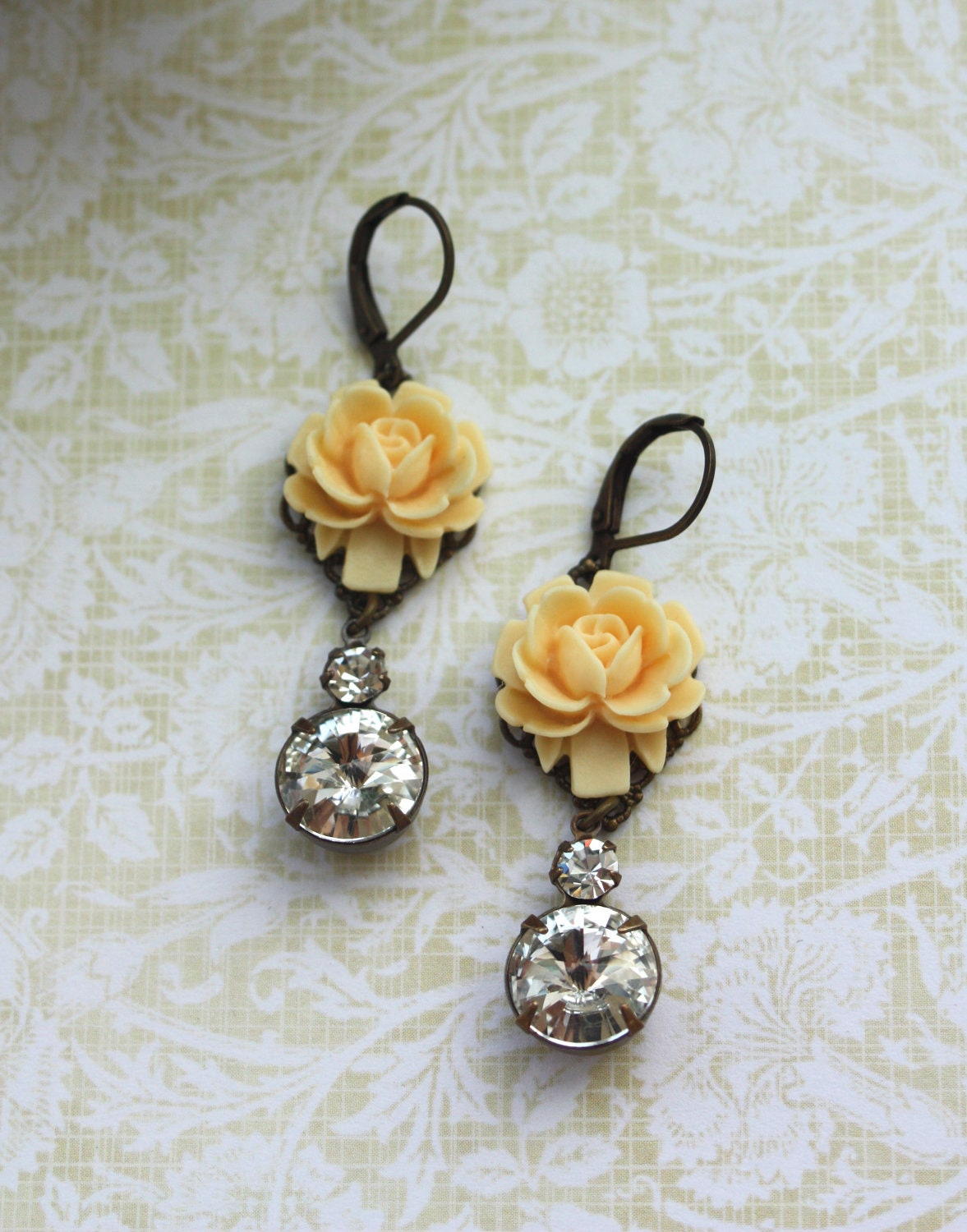 An Ivory, Light Yellow Rose, Estate Style Two Jewel, Rhinestone Jewel Earrings. Wedding. Bridesmaid Earrings. Bride. Maid of Honor.