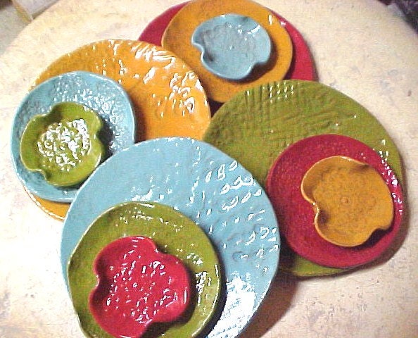 Lot of 4 Sets Hand Built Sushi Appetizer Tapas Tidbit Plates ONE LOT READY Aqua Lime Red Wasabi Sauce Dish Lacy Textures Food Safe Unique