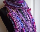 Recycle Sari Ribbon, Hemp and Hemp Wool Blend African Violets Gypsy Scarf Woodland Fantasy Autumn Fall Winter Fashion MAde to Order