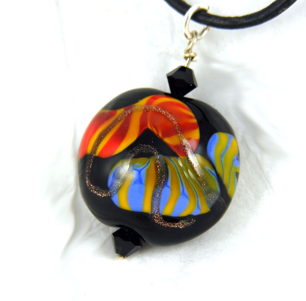 Lampwork Glass Pendant Necklace, Blue, Onyx, Purple, Goldstone, Swirl, Sterling Silver, Leather cord, Wedding, Anniversary, Birthday Gift