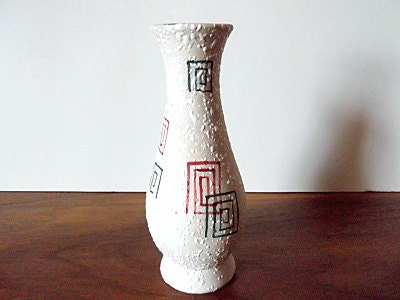 Vintage Midcentury Modern West German Pottery Vase, White, Green, Red