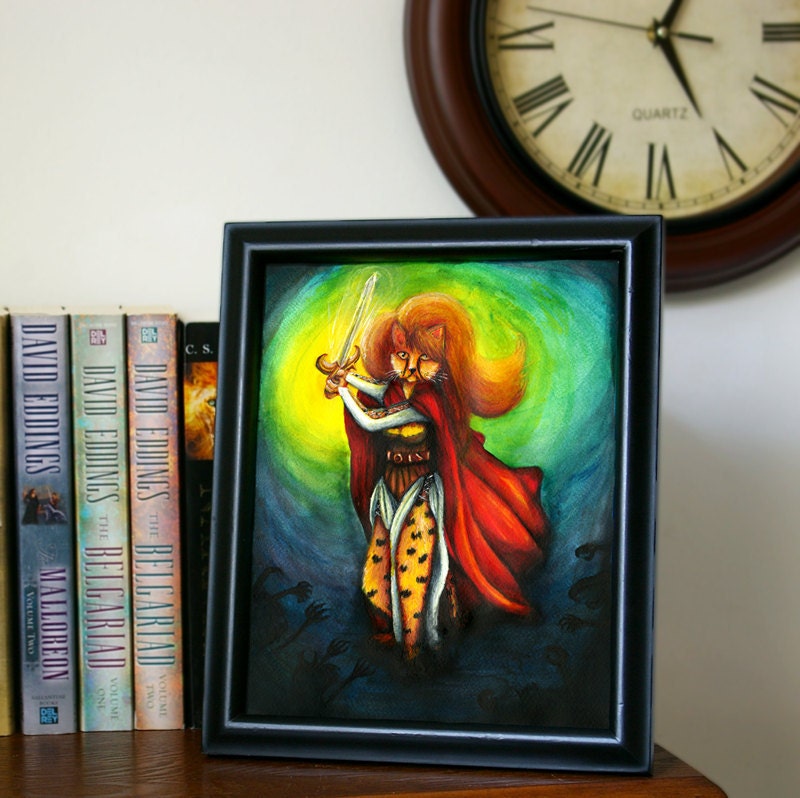 Fantasy Cat Art, Cheetah Warrior Maiden Holding Magic Sword, 9x12 Original Acrylic Painting