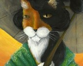 Calico Cat Art, Cat in Green Kimono Holding Japanese Parasol 5x7 Fine Art Print