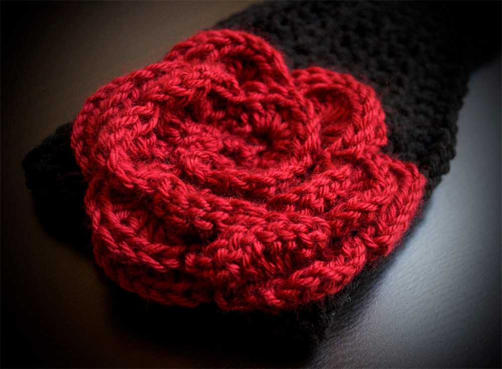 Head Wrap Black and Red crochet knit flower head wrap - Chicago Bulls - Blackhawks