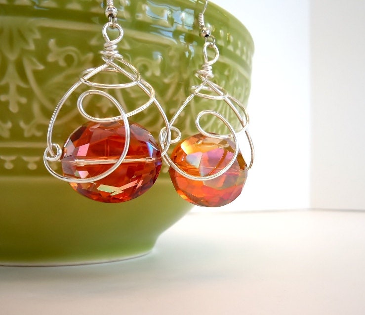 Wire Wrapped Earrings by Debbie Renee, Large Orange Crystals Wrapped In Silver Plated Wire