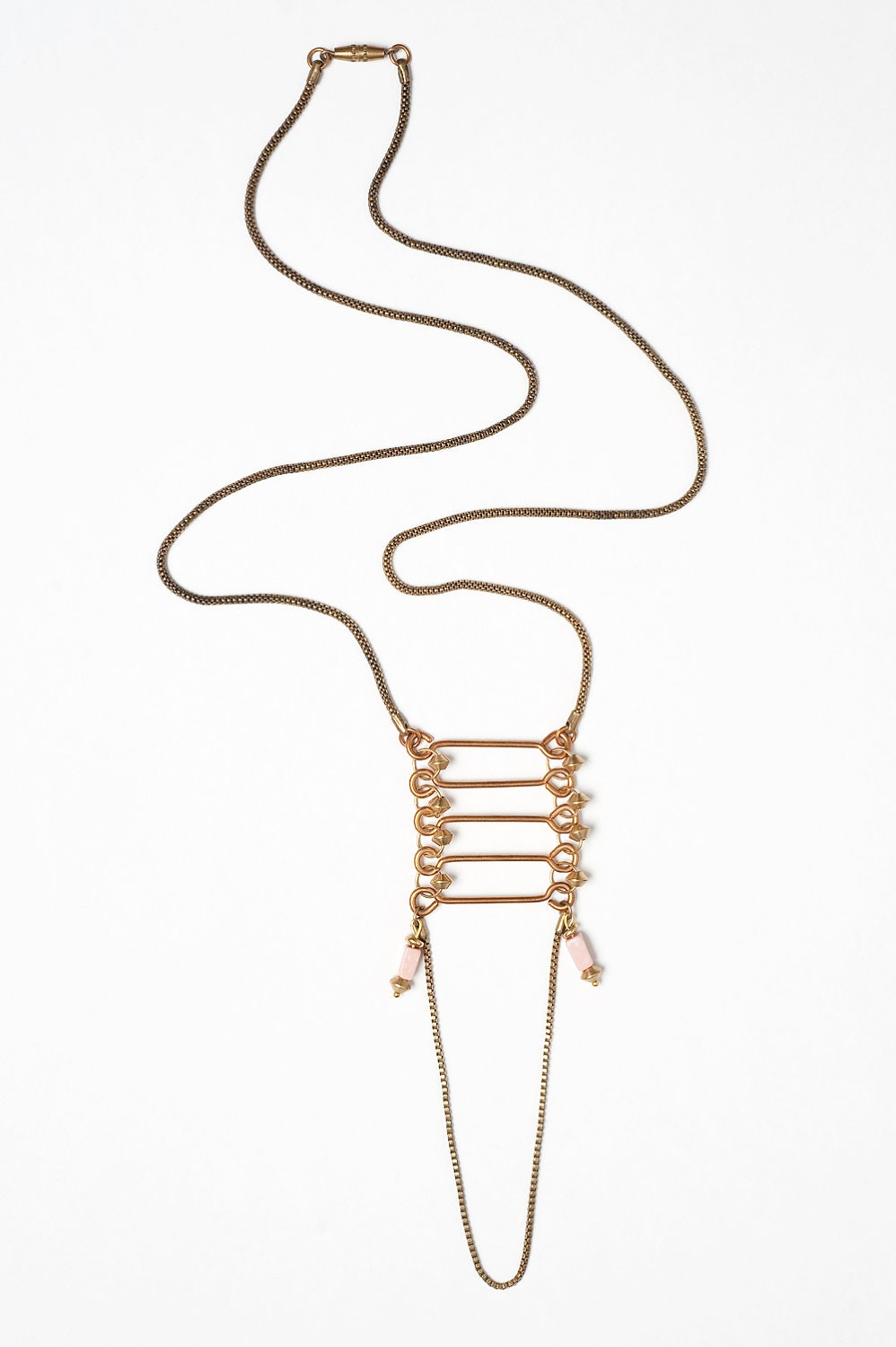 Copper Ladder Necklace with Pink Howlite Accents on a Vintage Brass Snake Chain