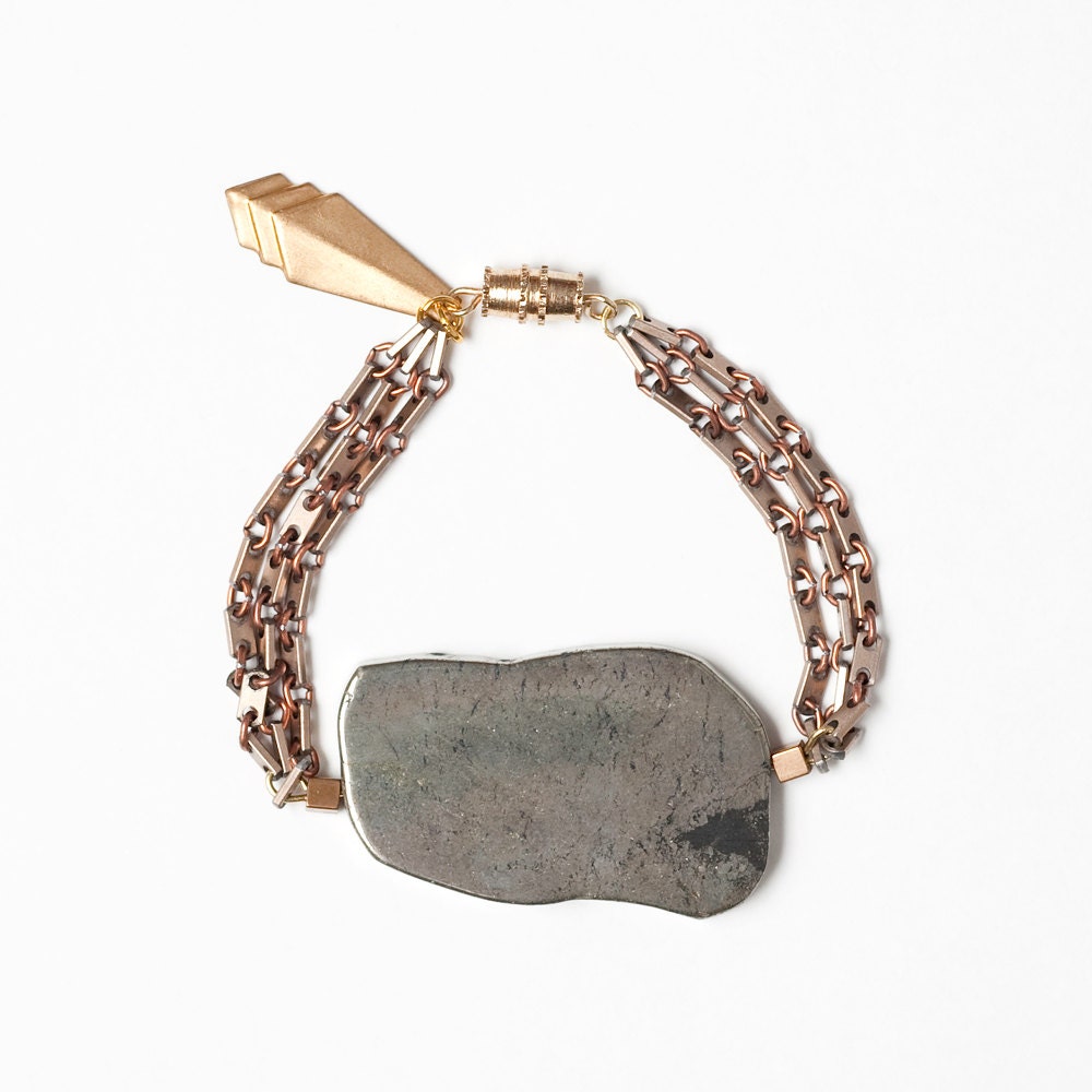 Pyrite Slab and Bronze Chain Bracelet with Art Deco Charm