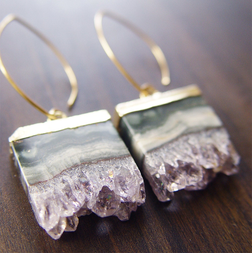 Amethyst Stalactite Druzy Earrings 14k Gold