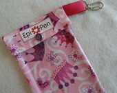 Epi Pen Pouch 4x8 Holds 2 Allergy Injector Pens w/ Clear Pocket and Clip - Crown Jewels in Pink Fabric