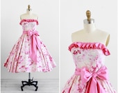 r e s e r v e d - vintage 1950s dress / 50s dress / Pink Floral Strapless Gown with Ruffles and a Bow
