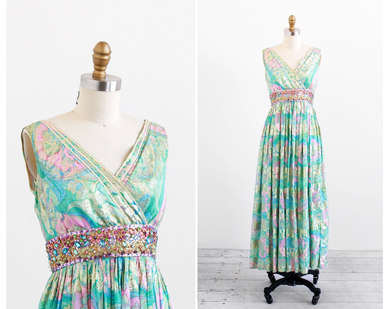 vintage 1960s dress / 70s maxi dress / Pink and Green Silk Chiffon Malcolm Starr Jeweled Grecian Gown