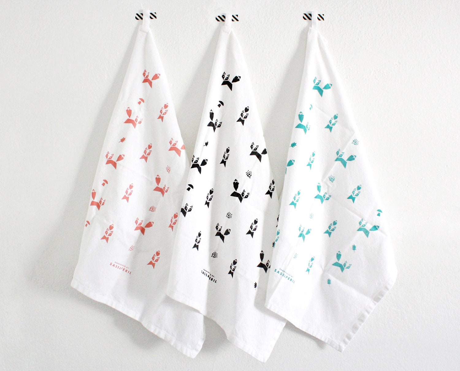Tea Towel, Foxes, Geometric, Black, Aqua Blue, or Peach