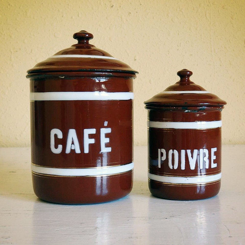 vintage French enamelware canisters, set of 2, Café and Poivre, reddish brown with white