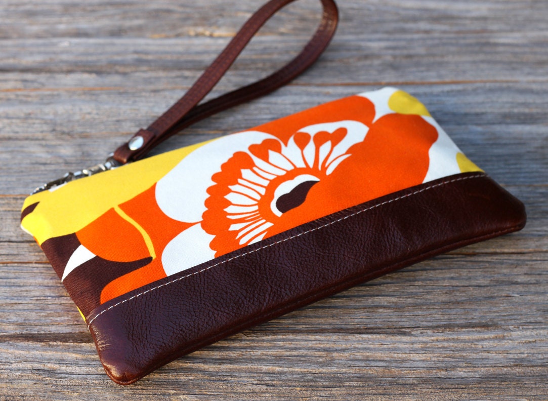 Leather Fabric Wristlet with detachable strap - Orange Floral on Brown Leather