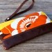 SALE 20% off - Leather Fabric Wristlet with detachable strap - Orange Floral on Brown Leather