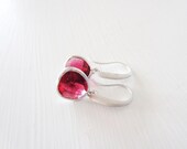 Ruby red framed glass dangle earrings in silver
