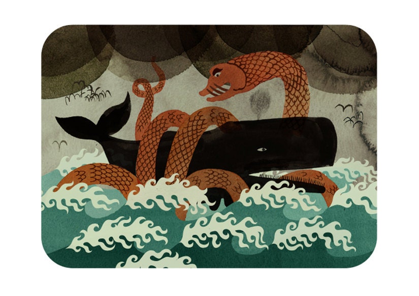 Whale art print sea serpent watercolor ocean