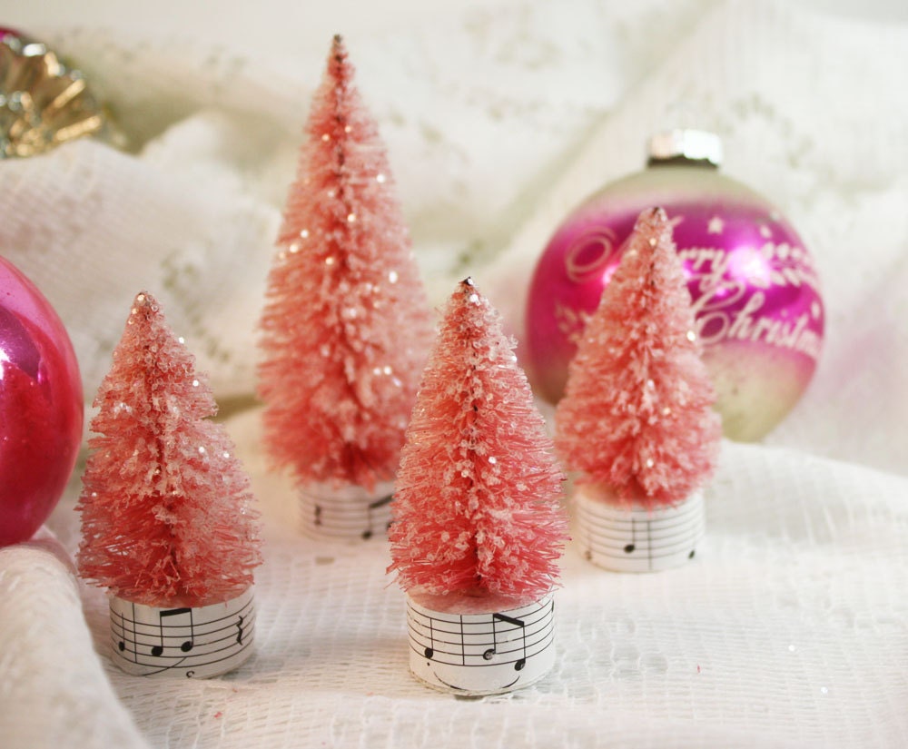 Pink Glitter Bottle Brush Tree Set of 4 BottleBrush Christmas Trees Music Stands