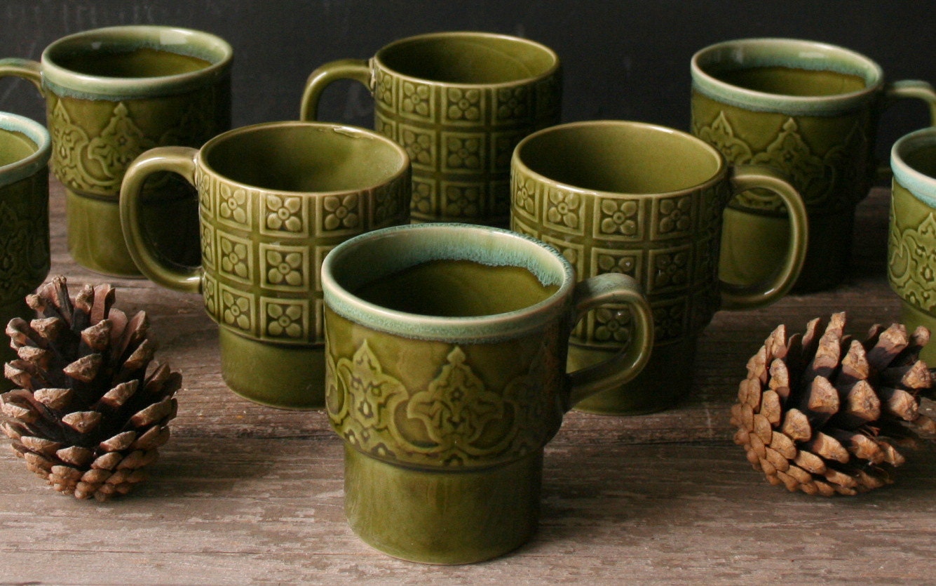 Vintage Porcelain Mugs 8 Japan 60s Olive Green Two Patterns From Nowvintage on Etsy