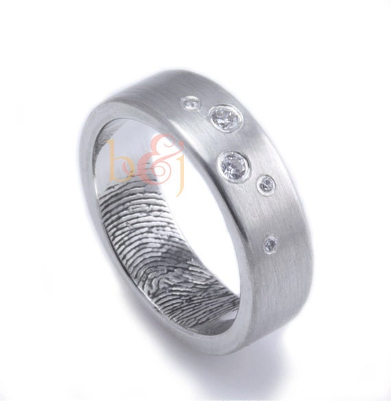 Scattered Diamonds Custom Fingerprint Wedding/Commitment Band in Sterling Silver with Single Fingertip Whorl Print on the Interior